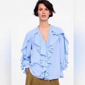 Zara S Light Blue Ruffled Tiered Button Up Top - Size Small